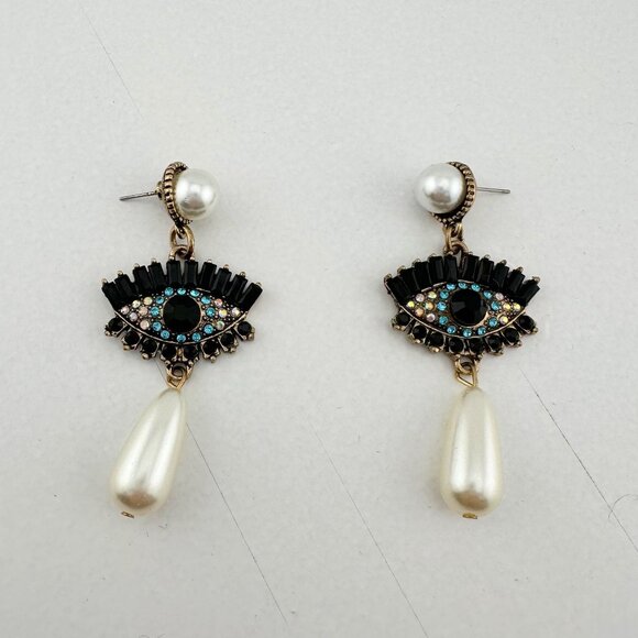 Evil Eye Rhinestone Pearl Drop Dangle Earrings - Picture 4 of 7